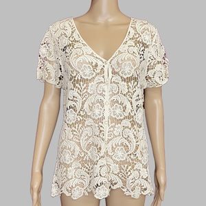 Questions by Say What? Crochet Short Sleeve Button V-Neck 1X